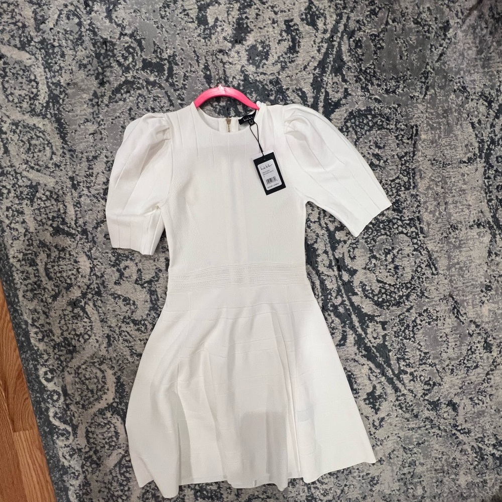 Nicole Miller Brilliant White Dress with Puff Sleeves